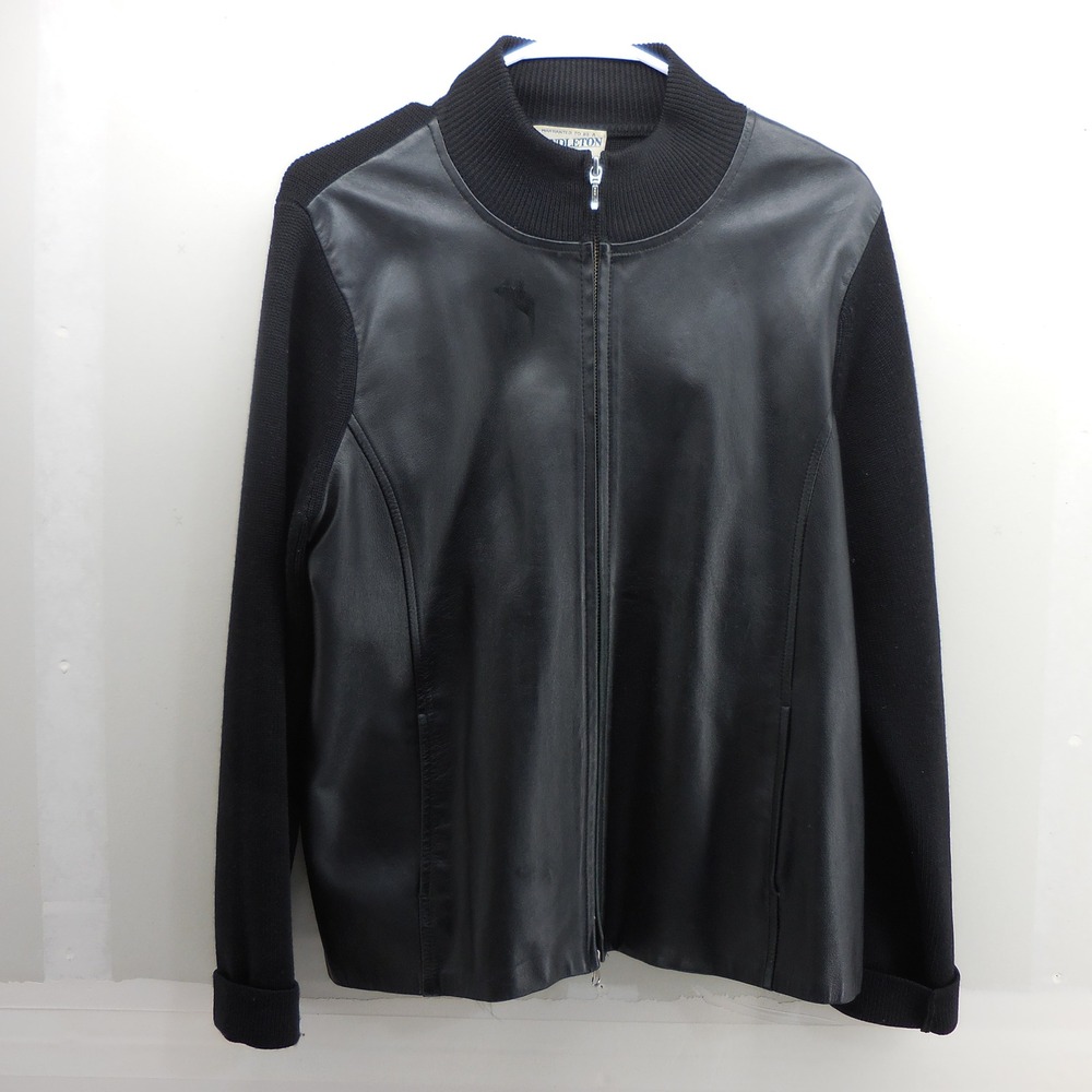 Pendleton Mens Black Leather Front Merino Wool Knit Full Zip Jacket Size L